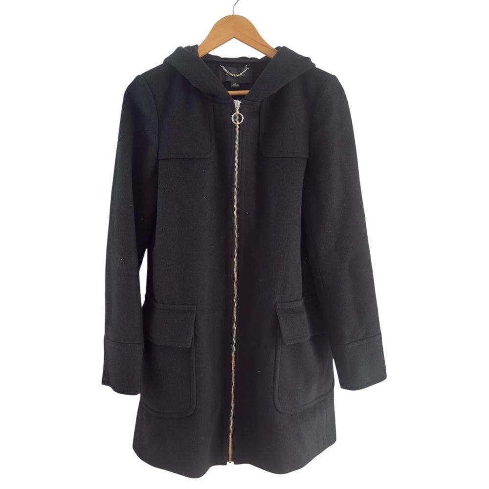 Ann Taylor Black Hooded Wool Blend Zip Front Coat. Outerwear. Pockets.